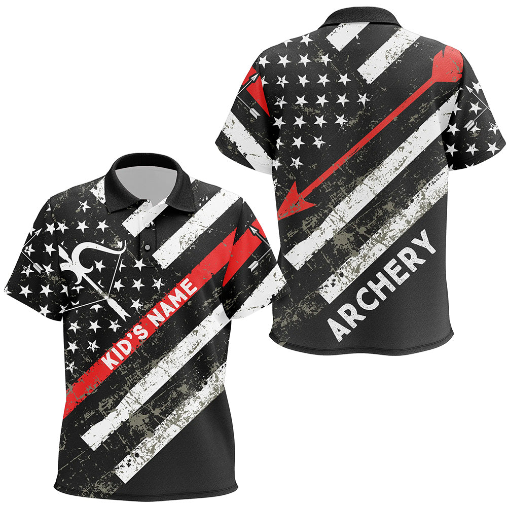 Personalized Grunge American Flag Bow Archery Polo Shirts For Kids, Custom Arrow Archery Shirts VHM0791