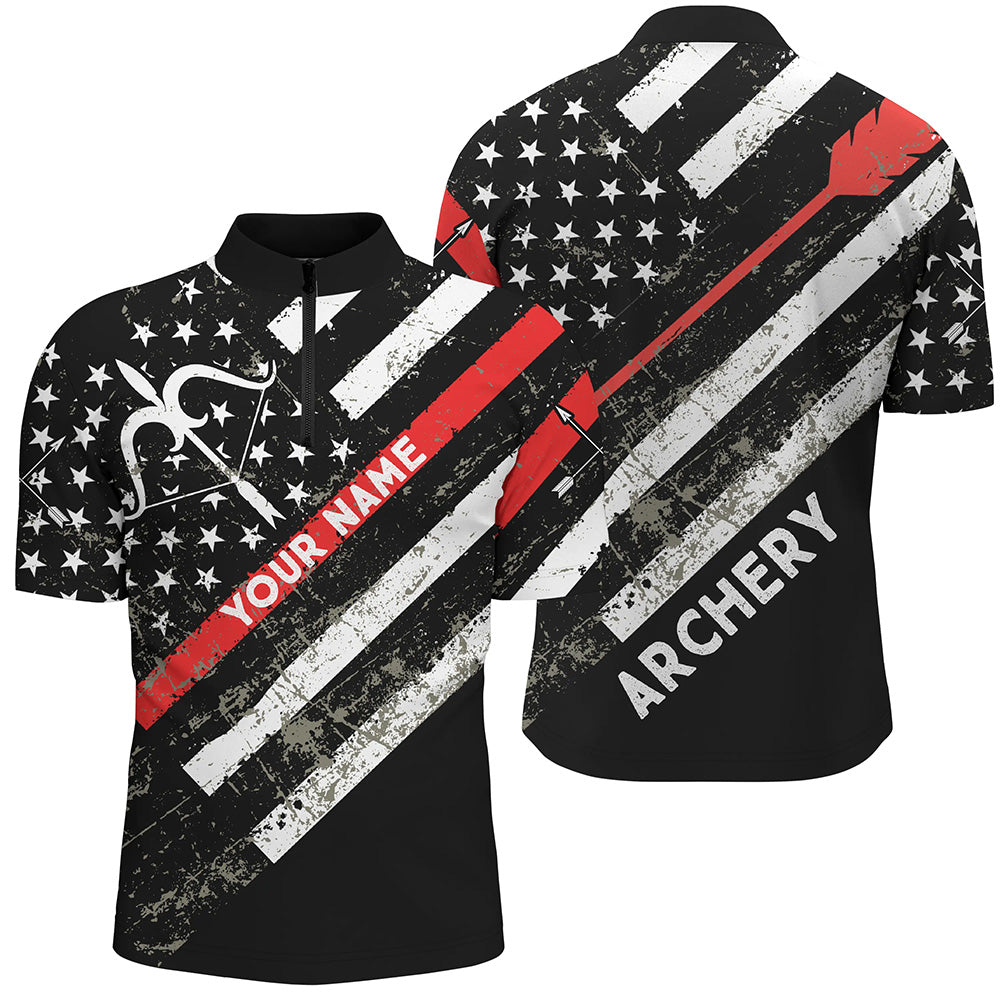 Personalized Grunge US Flag Bow Archery Quarter-Zip Shirts For Men, Custom Arrow Archery Shirts VHM0791