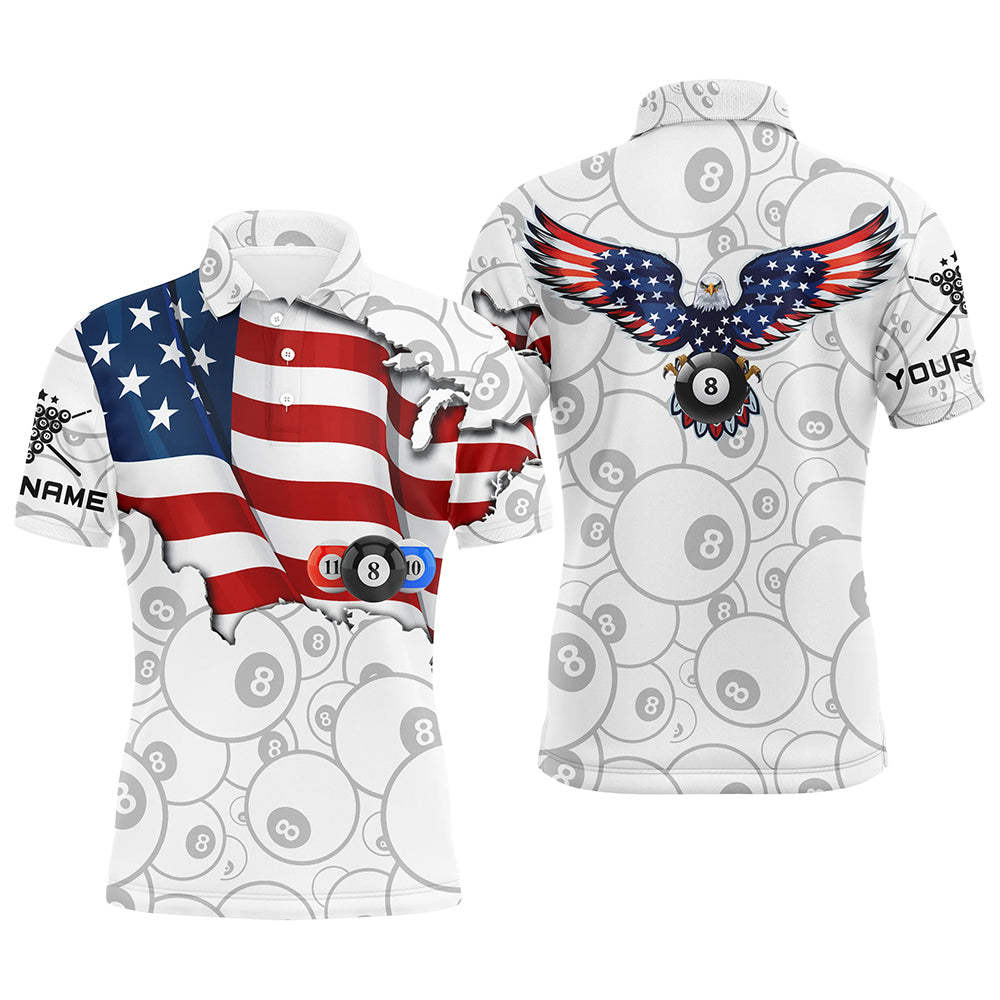 Personalized American Flag Billiard Polo Shirts For Men, Custom Eagle 8 Ball Billiards Shirts VHM0057