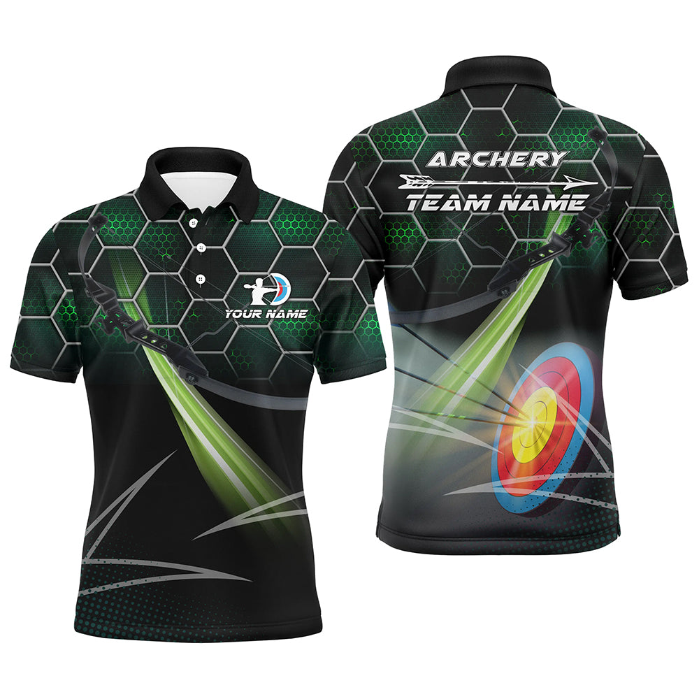Personalized Green 3D Target Archery Polo Shirts For Men, Custom Name Arrow Archery Team Shirts VHM0667