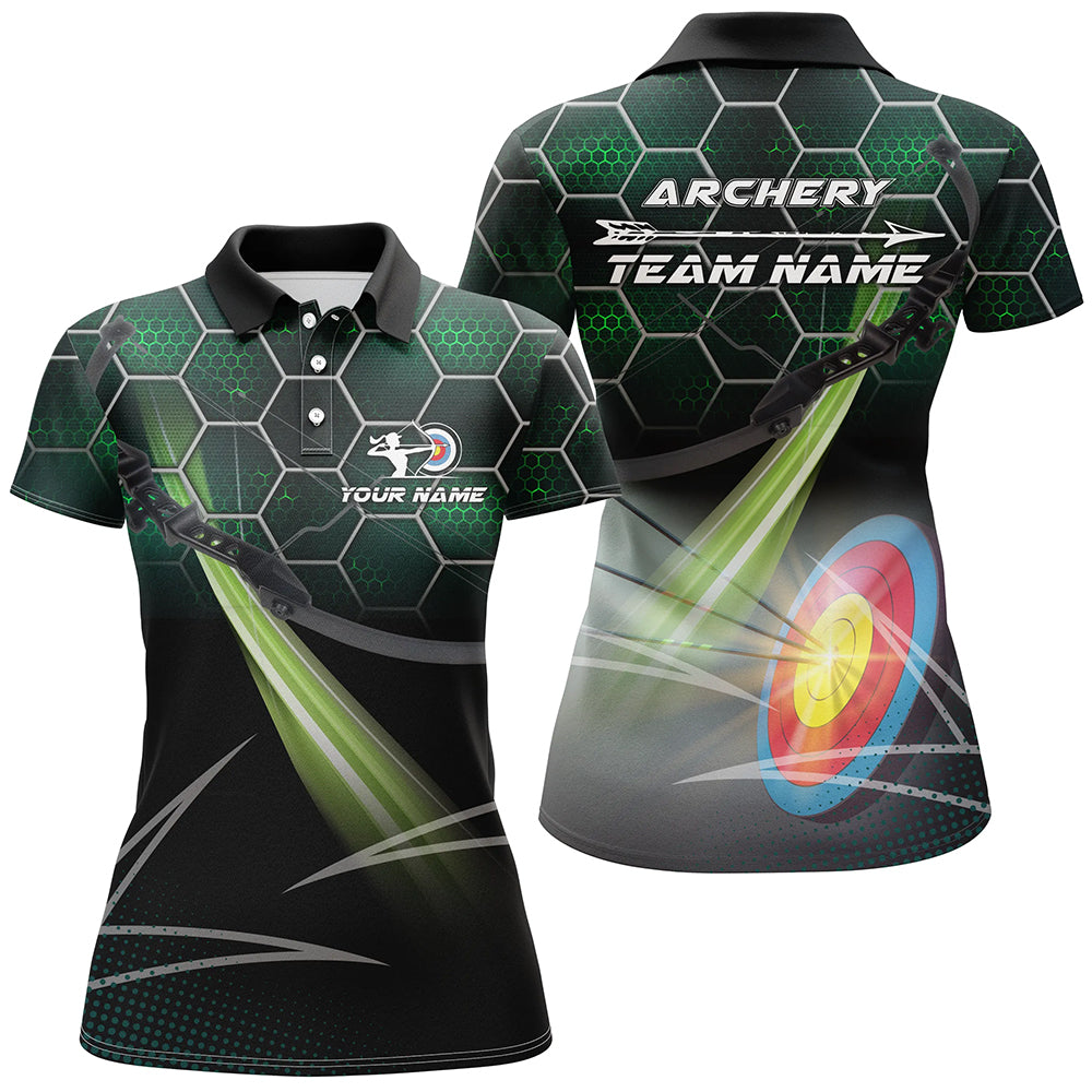 Personalized Green 3D Target Archery Polo Shirts For Women, Custom Name Arrow Archery Team Shirts VHM0667