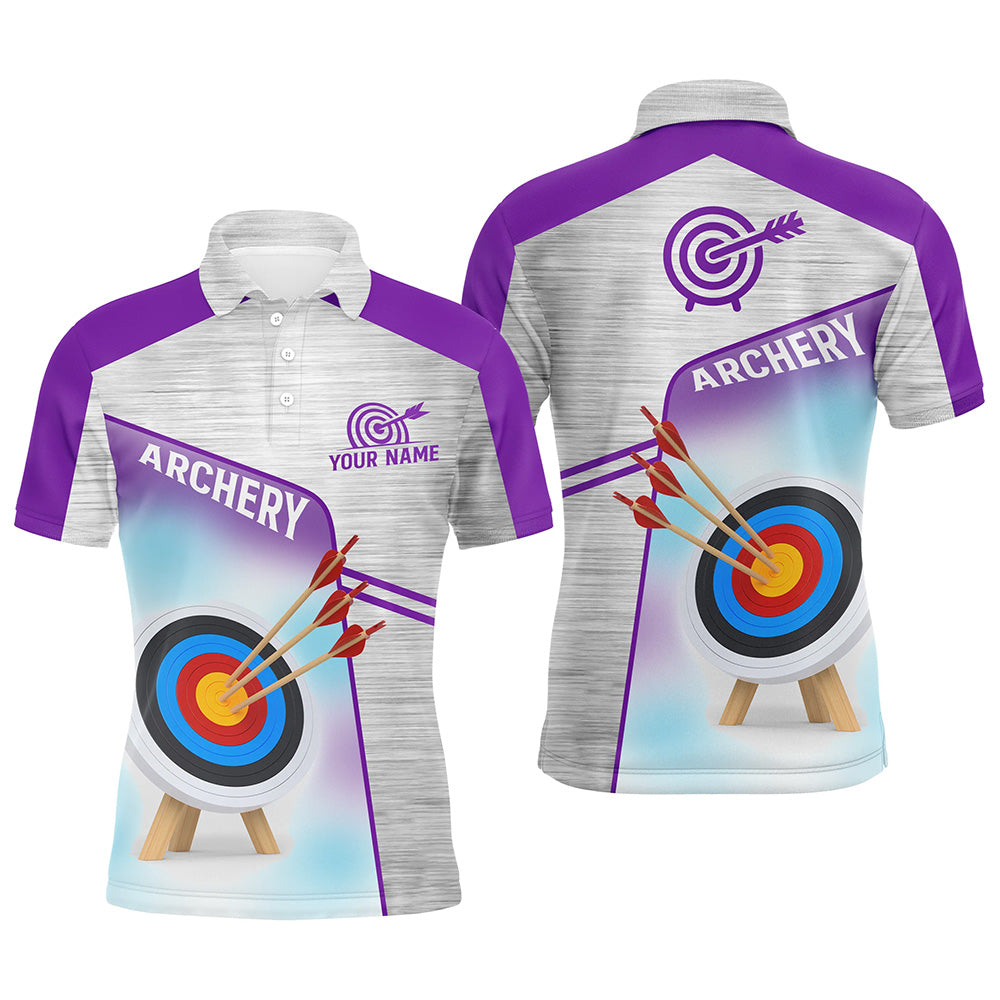 Personalized Purple Grey 3D Target Archery Polo Shirts For Men, Custom Name Archery Jerseys VHM0583