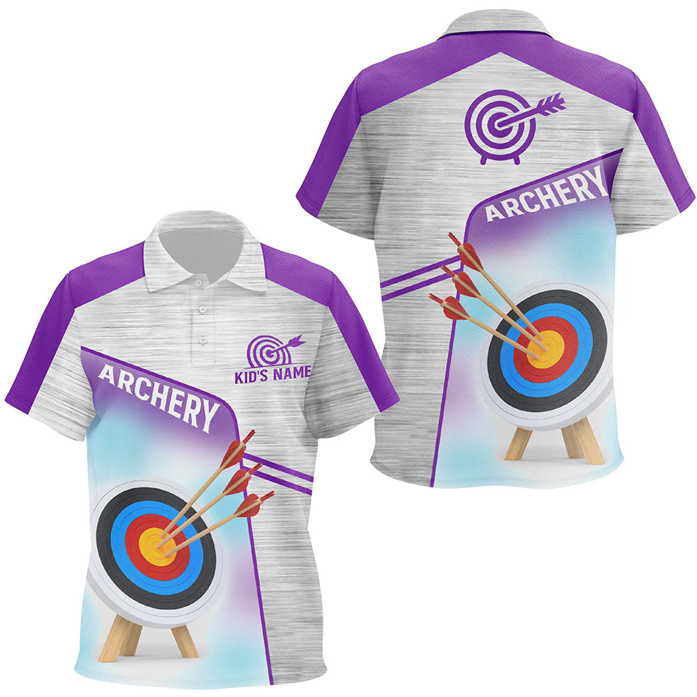 Personalized Purple Grey 3D Target Archery Polo Shirts For Kids, Custom Name Archery Jerseys VHM0583