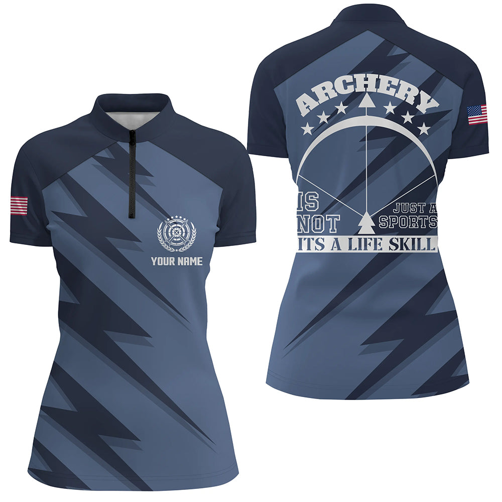 Personalized Its A Life Skill Archery Quarter-Zip Shirts For Women Custom Blue US Flag Archery Shirts VHM0767