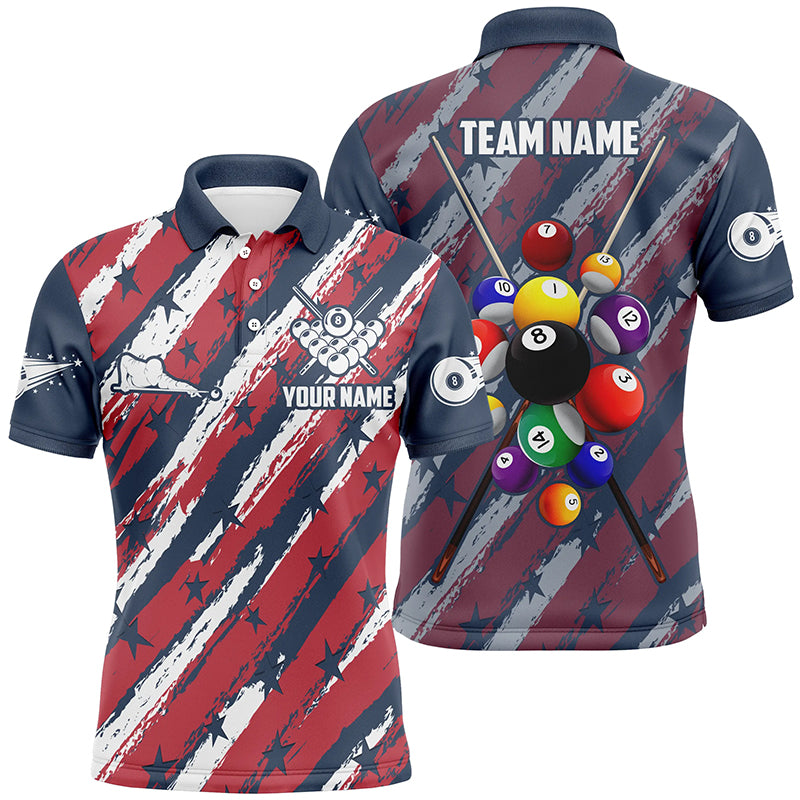 Personalized US Flag Pattern Stars Filled Billiard 3D Polo Shirts For Men, 8 Ball Billiards Jerseys VHM0443