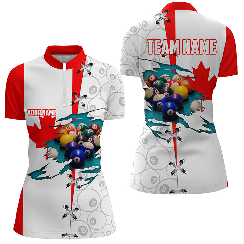Personalized Canadian Flag Billiard Quarter-Zip Shirts For Women, 8 Ball Pattern Pool Balls Jerseys VHM0654