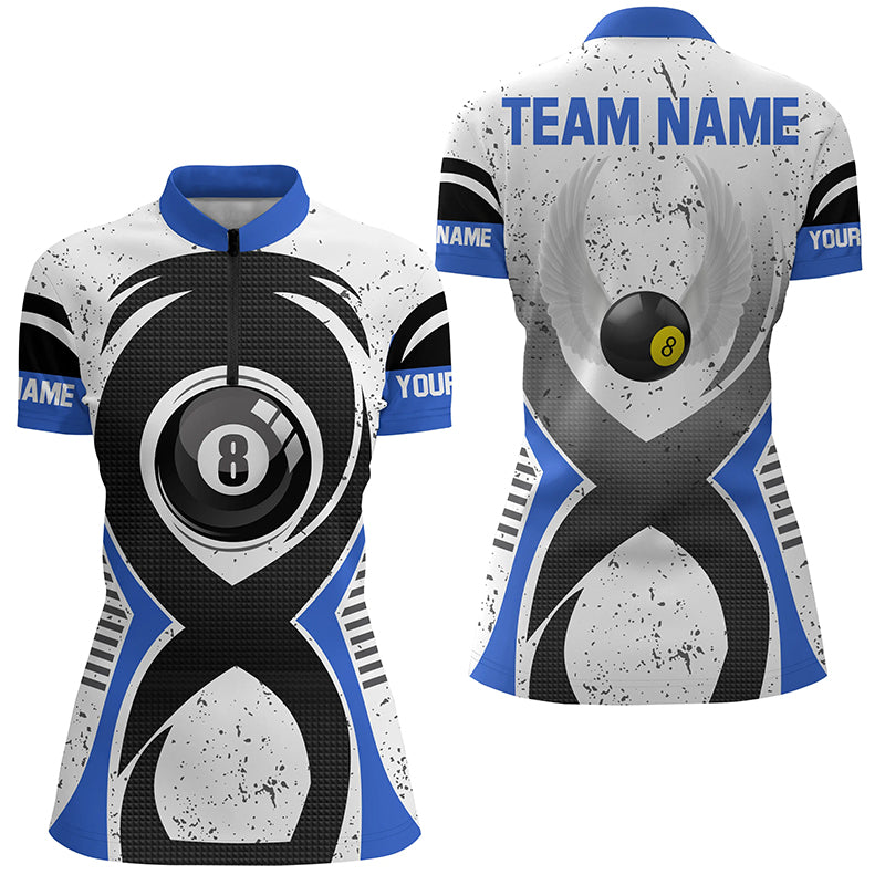 Personalized 8 Ball Pool Blue White Grunge Billiard Quarter-Zip Shirts For Women, Billiards Jerseys VHM0469