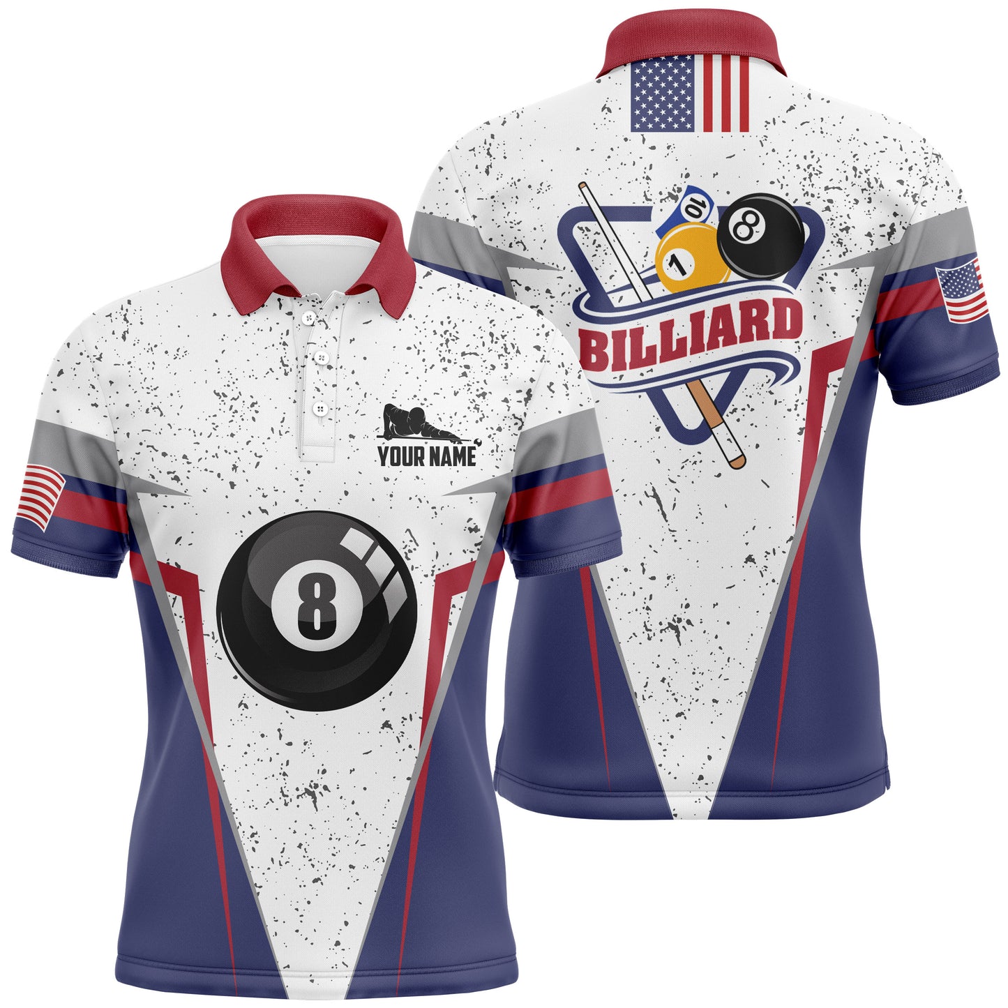 Personalized 8 Ball Pool Player White Grunge Polo Shirts For Men, Custom Billiard Balls Jerseys VHM0227