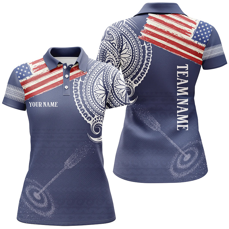 Personalized US Flag Tribal Pattern Archery Polo Shirts For Women, Custom 3D Target Archery Shirts VHM0688