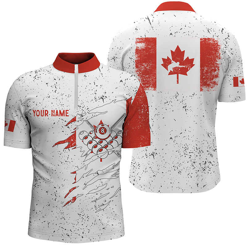 Personalized Canadian Flag Billiard White Grunge Quarter-Zip Shirt For Men, Billiard Player Jerseys VHM0267