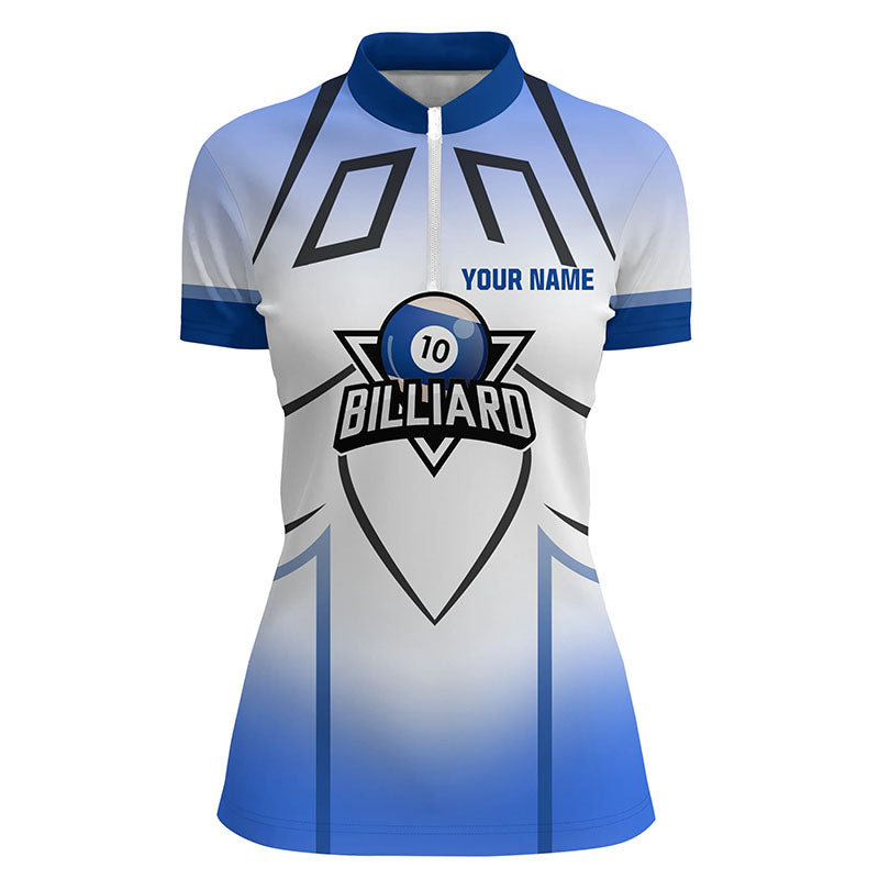 Personalized Blue 10 Ball Billiard 3D Quarter-Zip Shirts For Women, 10 Ball Pool Billiards Jerseys VHM0961