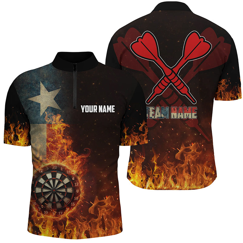 Personalized Texas Flag Fire Dartboard Dart Quarter-Zip Shirts For Men, Patriotic Mens Dart Jerseys VHM1080