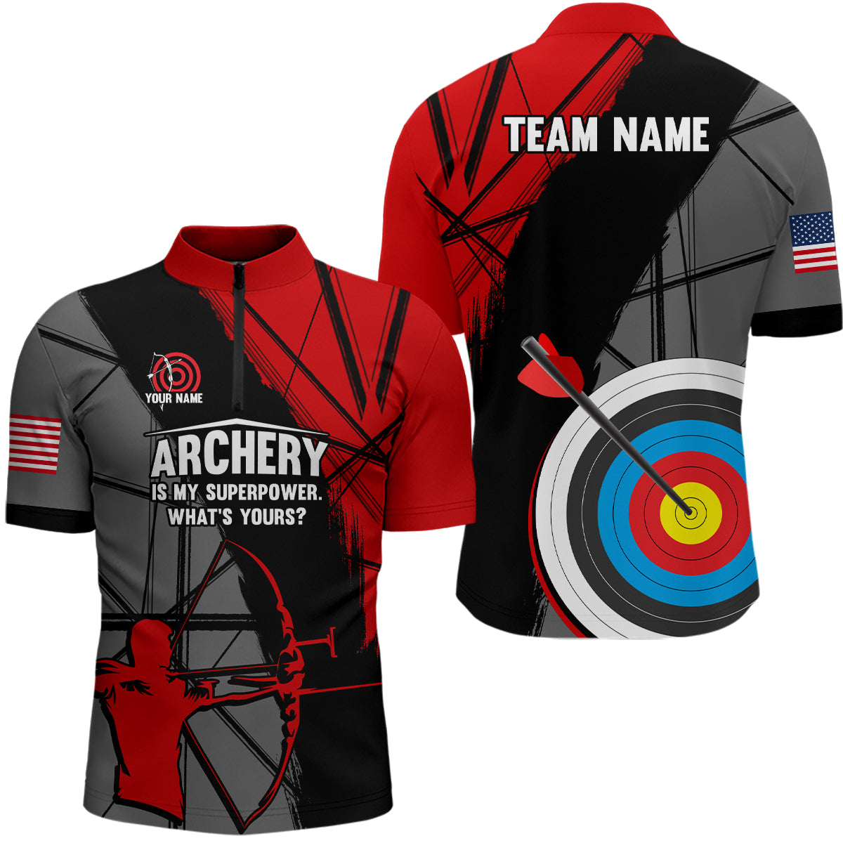 Personalized 3D Target Archery Silhouette Archer Quarter-Zip Shirts For Men, US Flag Archery Shirts VHM0634