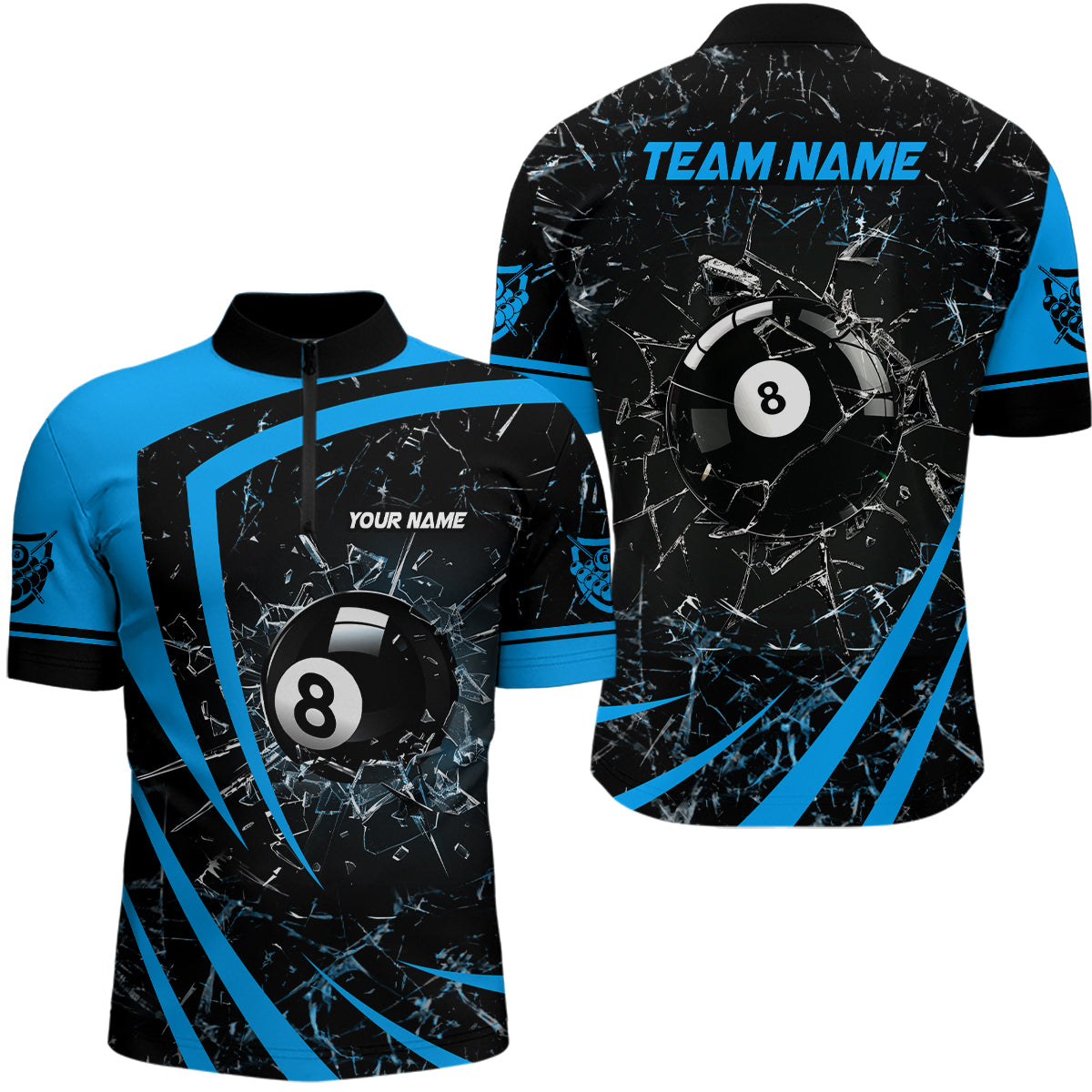 Personalized Blue Glass Break 8 Ball Billiard Quarter-Zip Shirts For Men Custom 8 Ball Pool Jerseys VHM1151