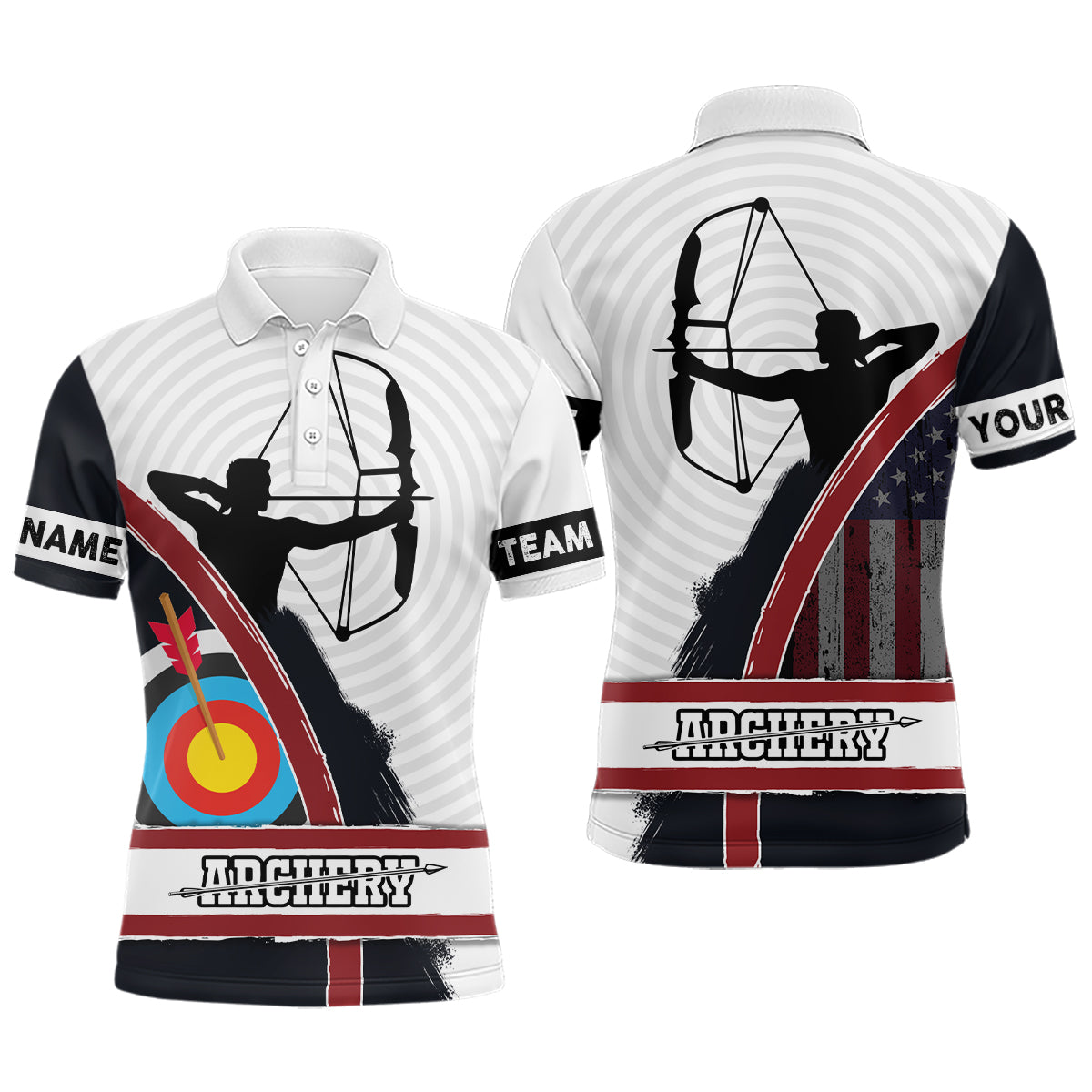 Personalized American Flag Silhouette Archery Polo Shirts For Men, Custom 3D Target Archery Shirts VHM0648