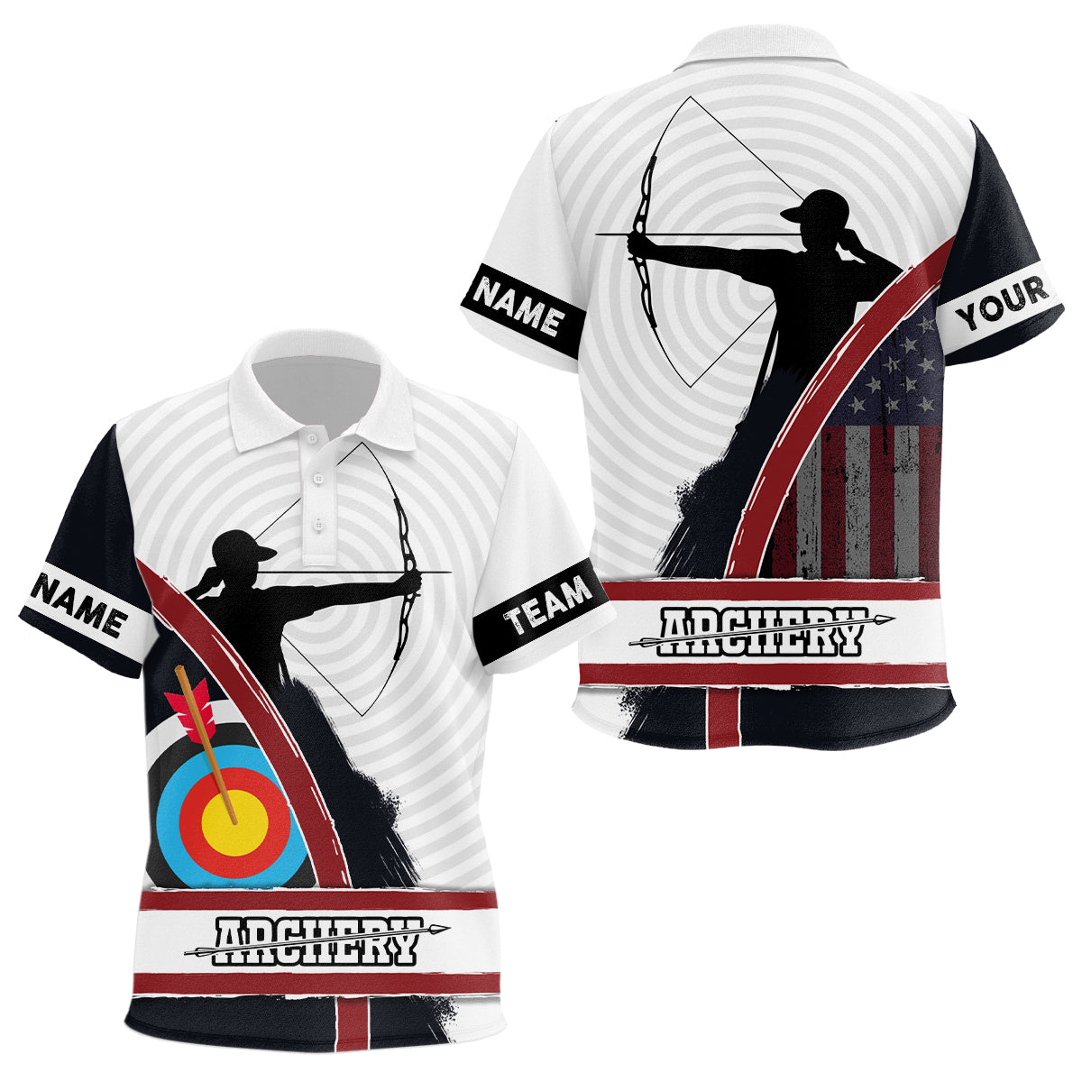 Personalized American Flag Silhouette Archery Polo Shirts For Kids, Custom 3D Target Archery Shirts VHM0648
