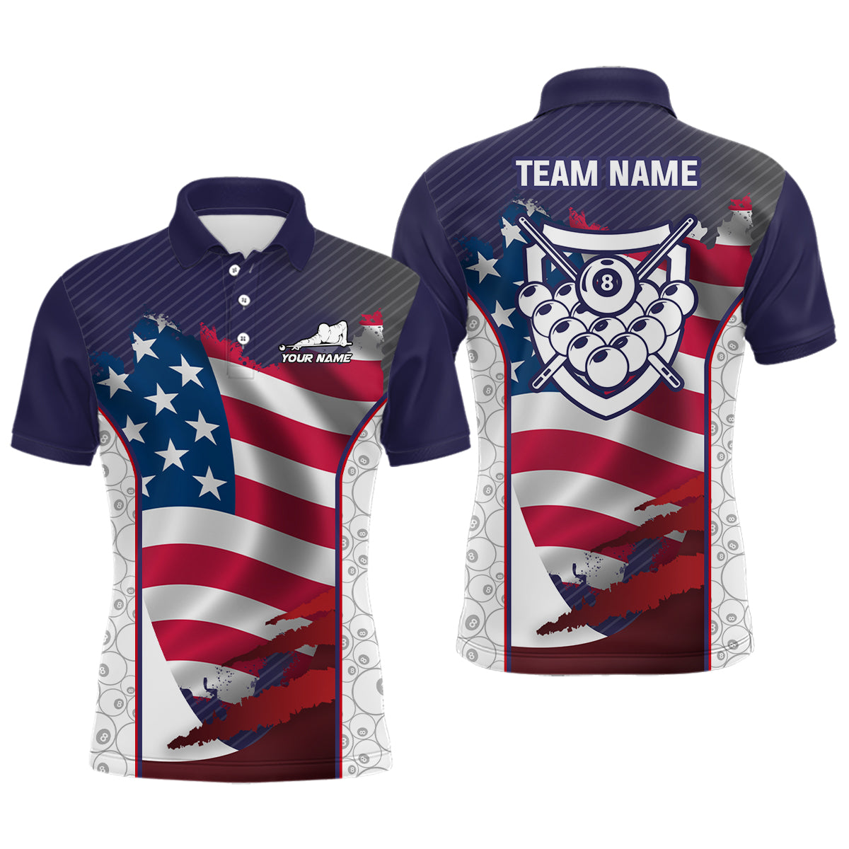 Personalized Billiard US Flag 8 Ball Pattern Billiards 3D Polo Shirts For Men, Billiards Jerseys VHM0447