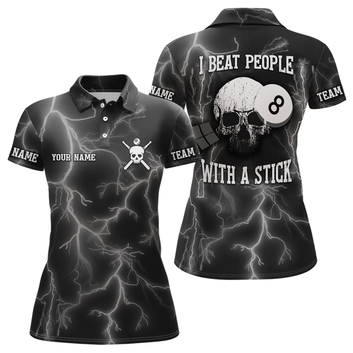 Personalized I Beat People With A Stick Billiard Polo Shirts For Women, Thunder Skull Billiard Shirt VHM0493