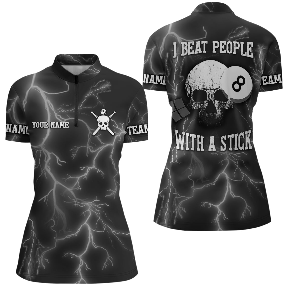 Personalized I Beat People With A Stick Skull Billiard Quarter-Zip Shirts For Women, Billiard Shirts VHM0493