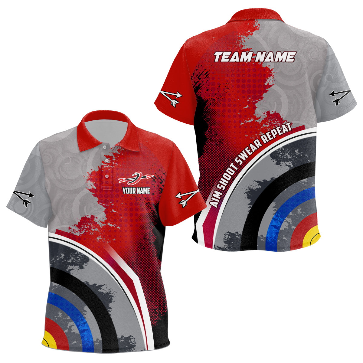 Personalized Aim Shoot Swear Repeat Archery Polo Shirts For Kids, Red Grey 3D Target Archery Shirts VHM0706