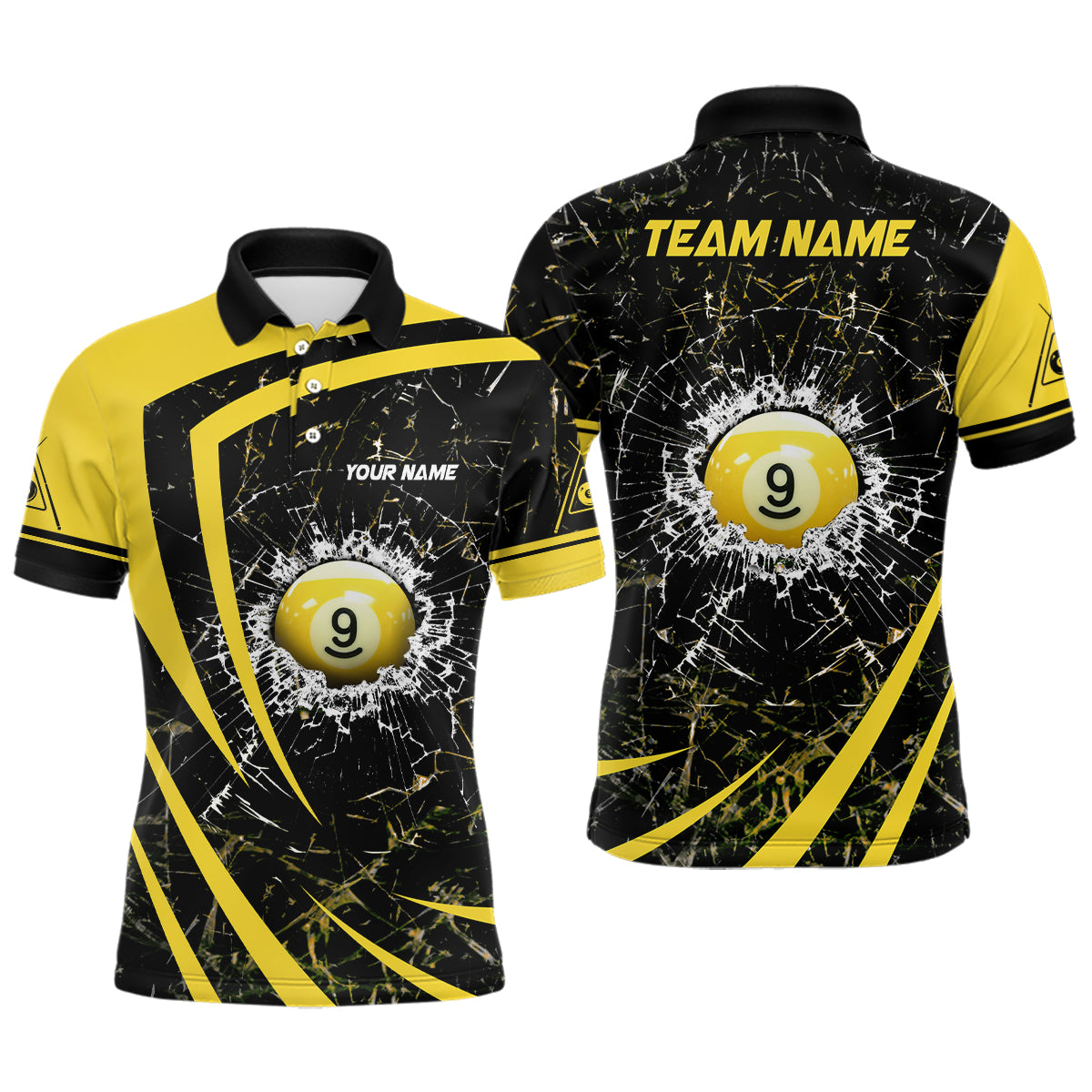 Personalized Yellow Glass Break 9 Ball Billiard 3D Polo Shirts For Men, Custom 9 Ball Pool Jerseys VHM0972