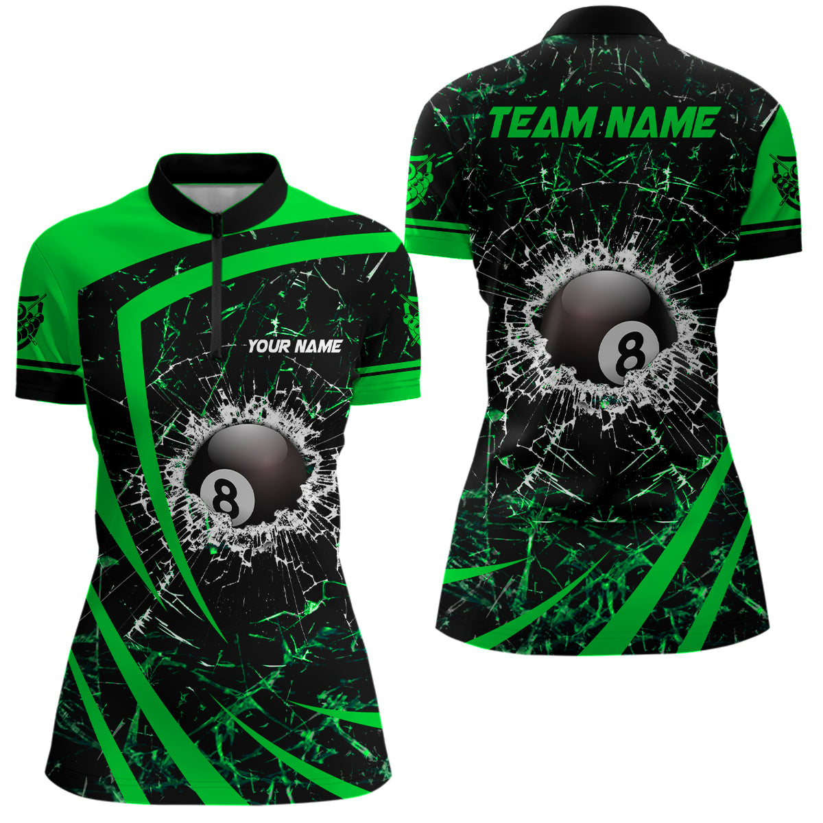 Personalized Green Glass Break 8 Ball Billiard 3D Quarter-Zip Shirts For Women, 8 Ball Pool Jerseys VHM0974