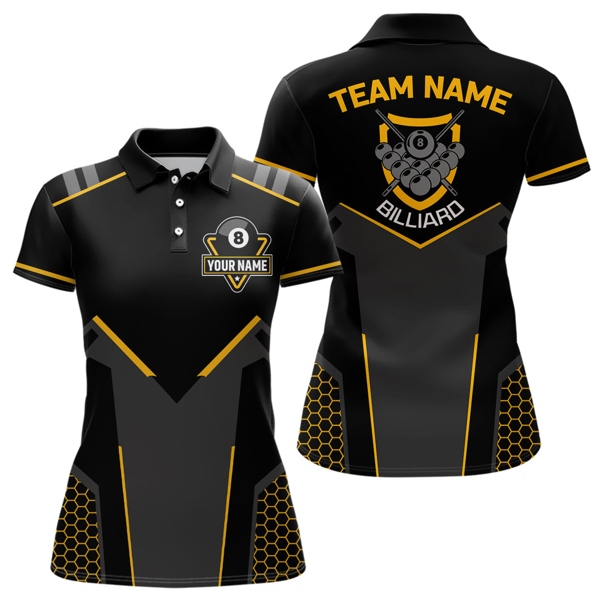 Personalized Style Black Yellow 8 Ball Billiard 3D Polo Shirts For Women, 8 Ball Pool Team Jerseys VHM1054