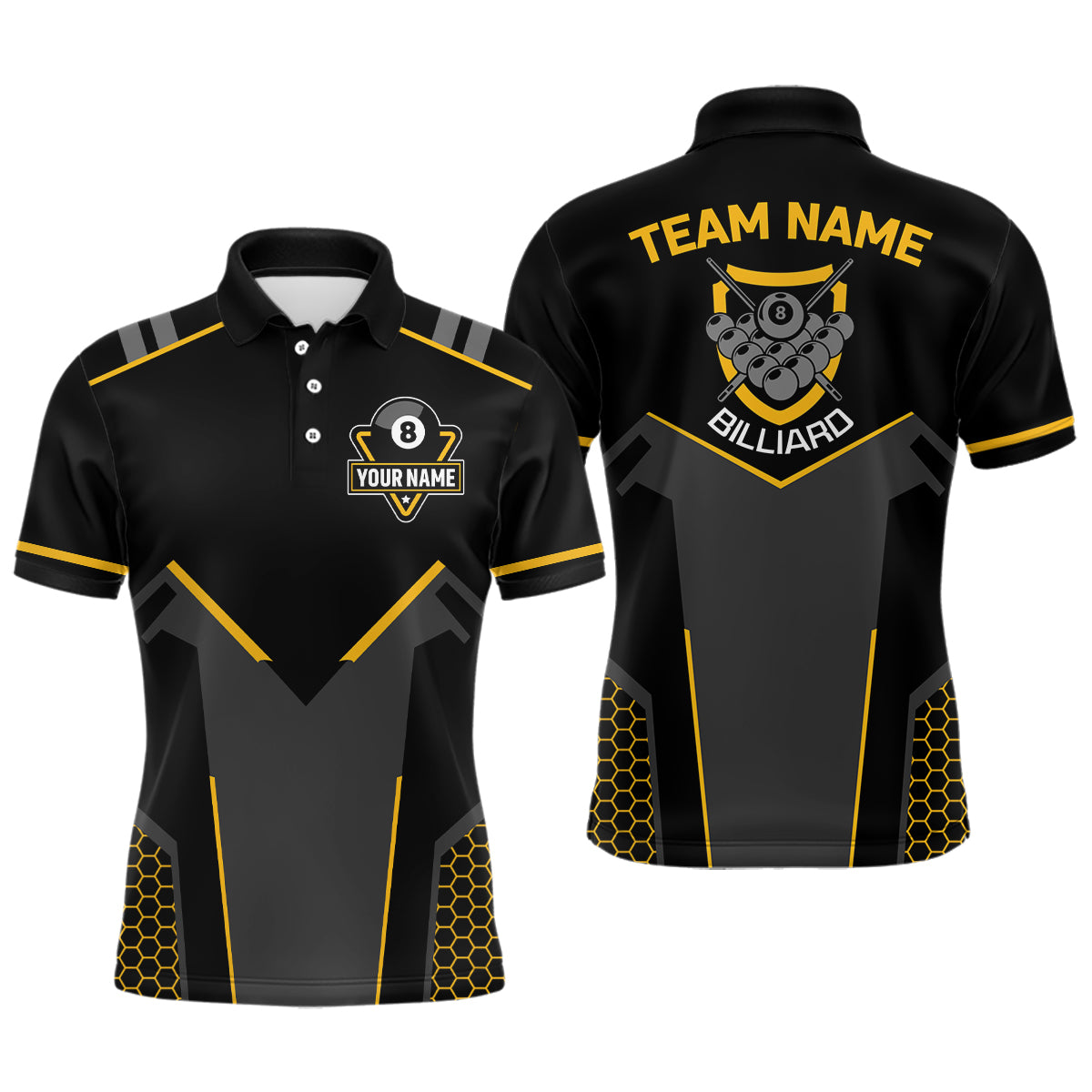 Personalized Style Black Yellow 8 Ball Billiard 3D Polo Shirts For Men, 8 Ball Pool Team Jerseys VHM1054