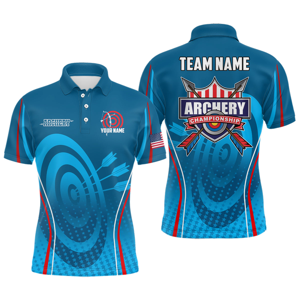 Personalized Blue Red Target Archery Polo Shirts For Men, Archery Champion US Flag Archery Shirts VHM0569