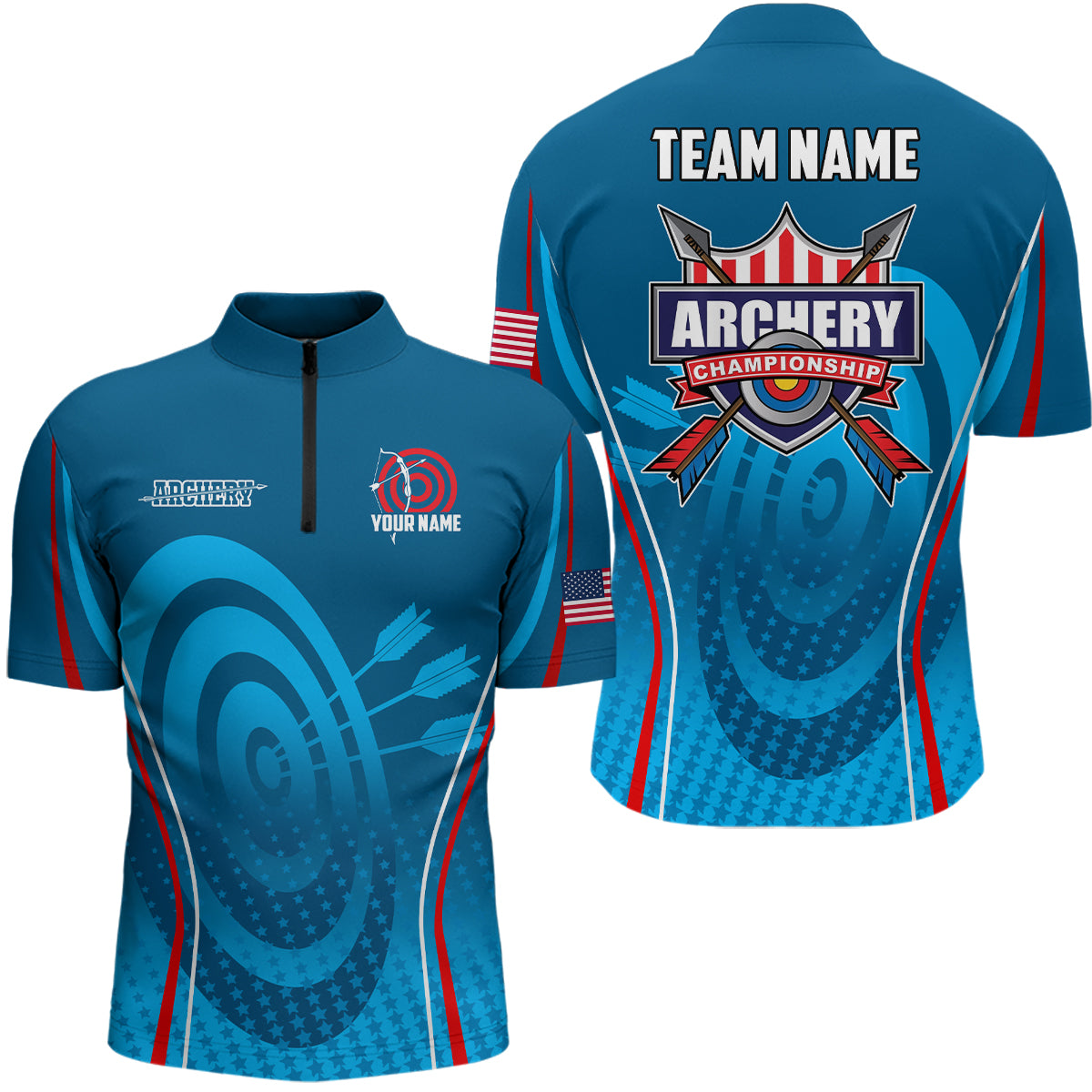 Personalized Blue Red Target Archery Quarter-Zip Shirts For Men, US Flag Archery Champion Shirts VHM0569