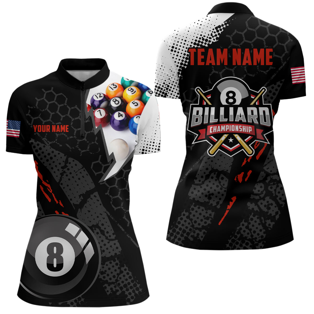 Personalized 3D Billiard Balls Black Quarter-Zip Shirts For Women, US Flag 8 Ball Billiard Jerseys VHM0574