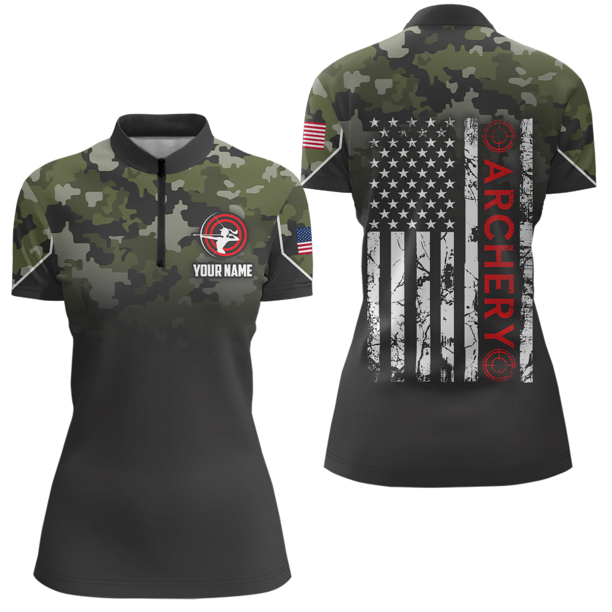 Personalized Green Camouflage Archery Quarter-Zip Shirts For Women, Grunge US Flag Archery Shirts VHM0737