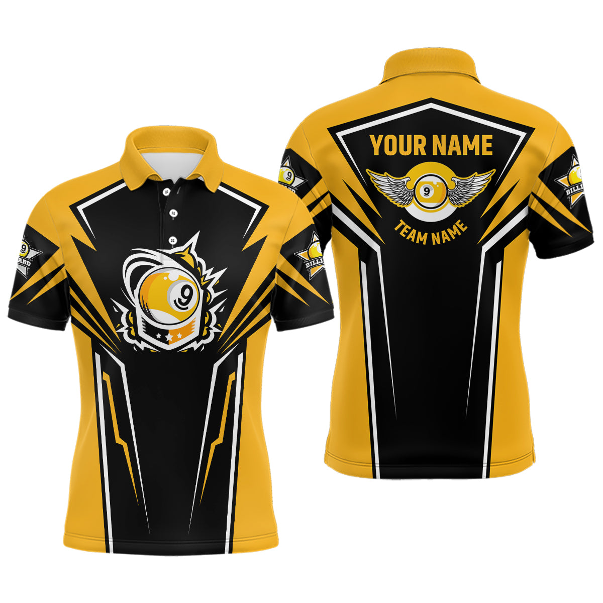 Personalized 3D Funny Billiards Polo Shirts For Men, Custom Name 9 Ball Pool Yellow Jerseys VHM0189