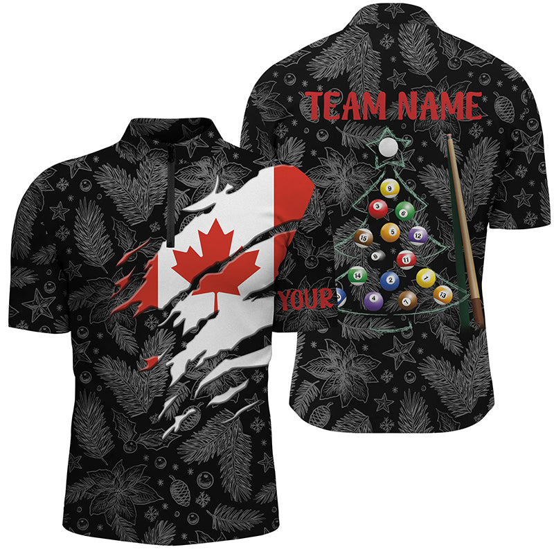 Merry Christmas Canadian Flag Custom Name Billiard Men Quarter-Zip Shirts For Patriot TDM0587
