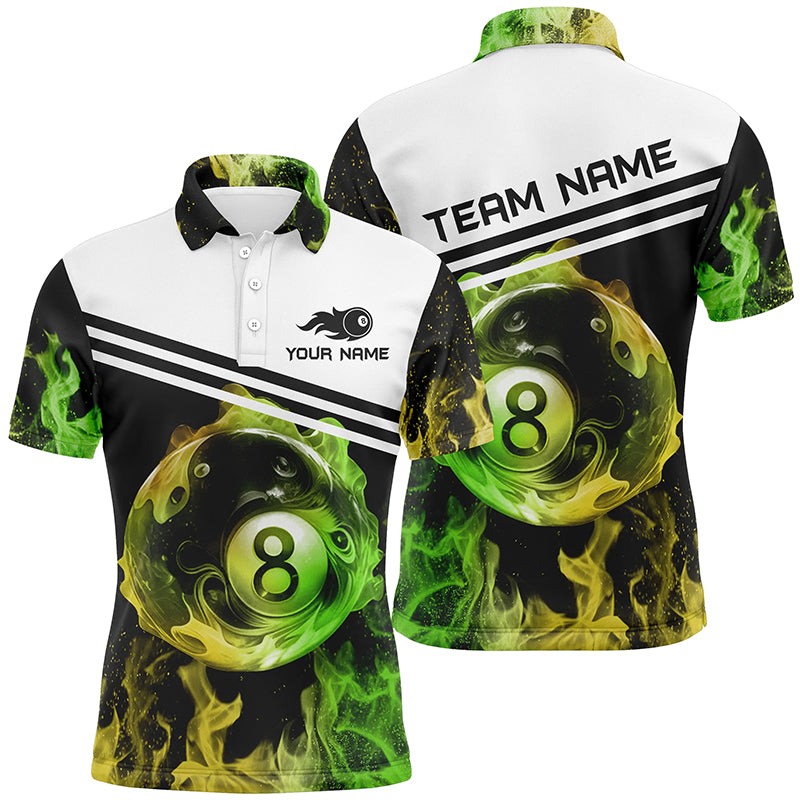 Personalized Name 8 Ball Billiard In Green And Yellow Flames All Over Print 3D Polo Shirts For Men TDM0159