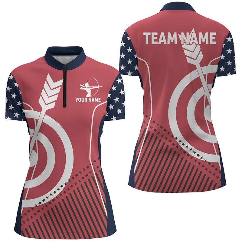 Personalized US Flag Archery Quarter-Zip Shirts For Women Custom Patriotic Gifts For Archers TDM0418