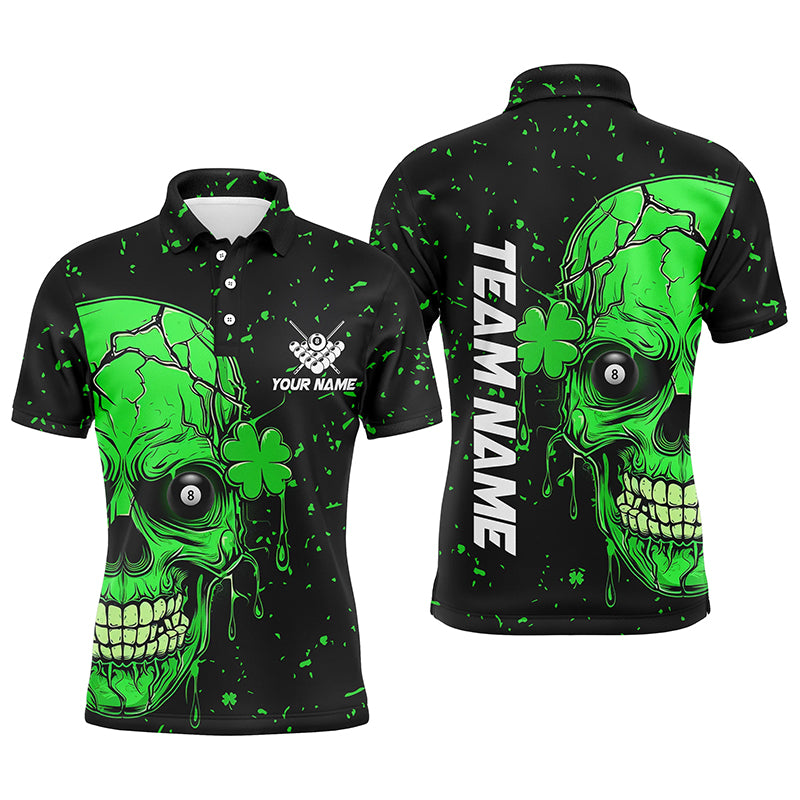 Personalized Patrick 3D Green Skull Luckiest Billiard Men Polo Shirts, Patrick Day Billiard Jerseys TDM1144