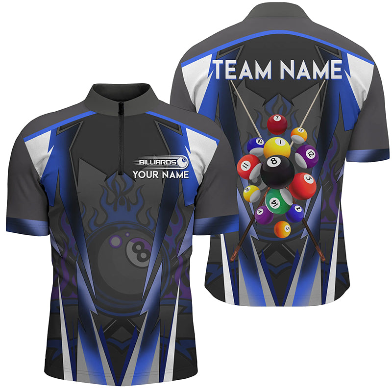 Blue 8 Ball Fire Billiard Balls Men Quarter-Zip Shirts Custom Team League Billiard Jersey TDM1354