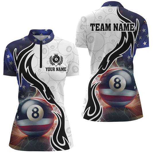 3D 8 Ball Pool Lightning US Flag Personalized Billiard Shirts For Women, Patriotic Shirts For Pooler TDM1568