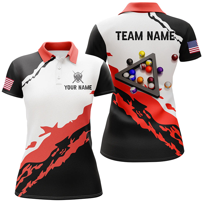Personalized 3D Black Red Billiard Balls Polo Shirts For Women Custom Team Name Billiard Jerseys TDM1058