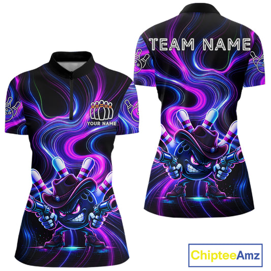 Custome Neon Blue Purple Funny Bowling Shirt For Women, Bowling League Team Jersey Polo & 1/4 Zip TDM6277