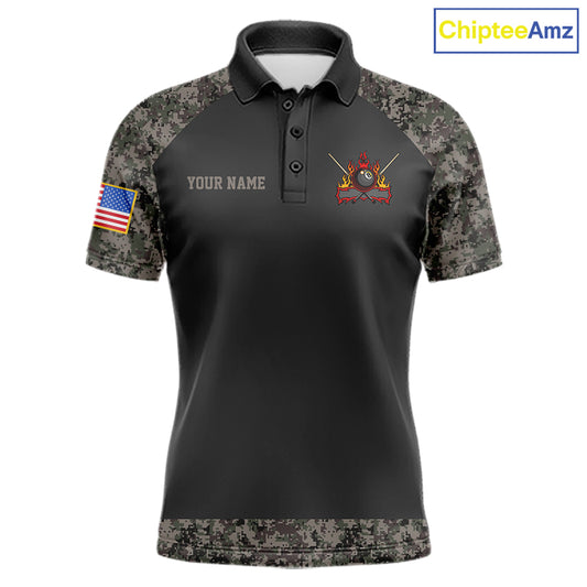 Personalized retro camo US flag patriotic 8 ball pool billiard team jersey polo shirt for men, custom pool league apparel and tournament jersey with vintage camouflage design.
