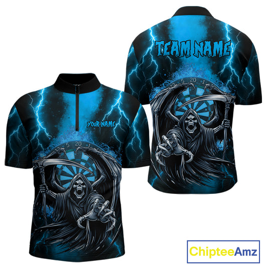 Personalized Blue Grim Reaper Thunder Lightning Darts Shirt For Men, 3D Darts Team Jerseys TDM4532