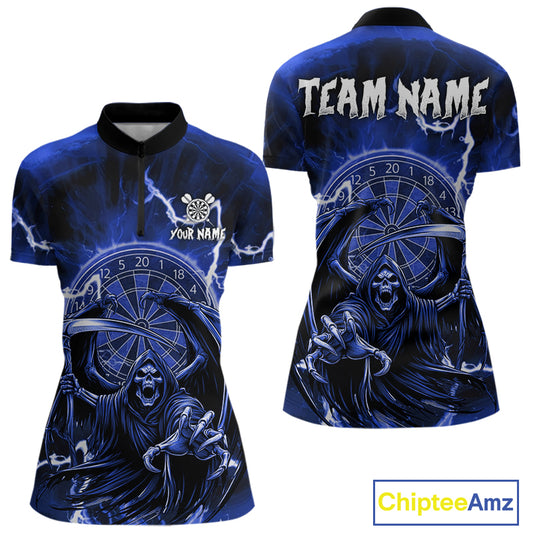 Blue Grim Reaper Lightning 3D Darts Shirt For Women Custom Darts Jersey Team Polo & 1/4 Zip TDM4954