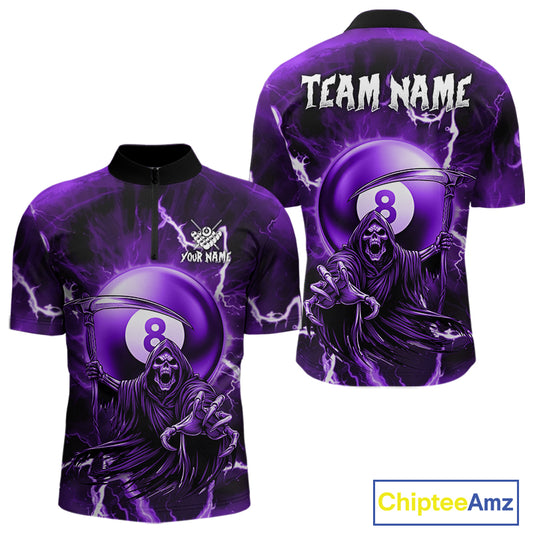 Purple Grim Reaper 8 Ball Billiard Shirt For Men Custom Lightning Pool Team Jersey Polo & 1/4 Zip TDM4955