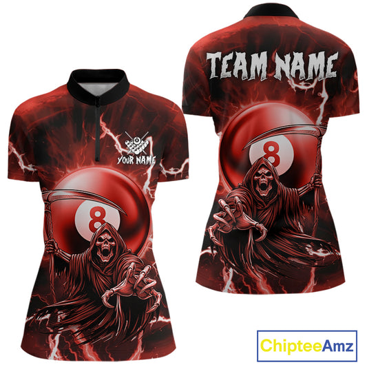Red Grim Reaper 8 Ball Billiard Shirt For Women Custom Lightning Pool Team Jersey Polo & 1/4 Zip TDM4956