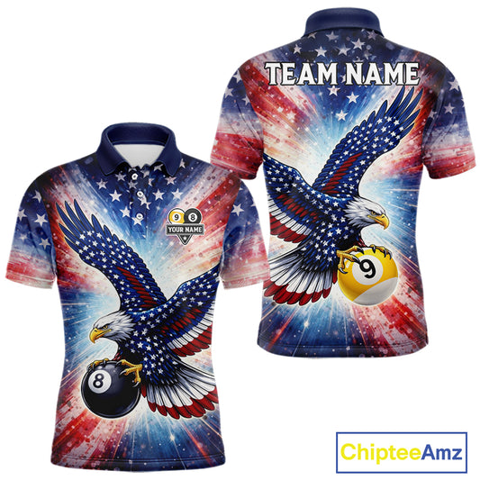 Custom 8 Ball & 9 Ball American Flag Eagle Billiard Shirt For Men, Pool Team Jersey Polo & 1/4 Zip TDM6281