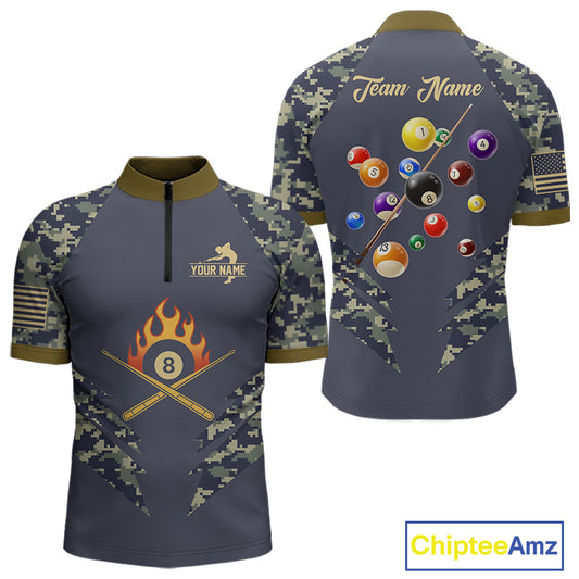 Personalized Flame 8 Ball Camo Billiard Shirts Custom Navy Blue Pool Team Jerseys Polo & 1/4 Zip TDM4332