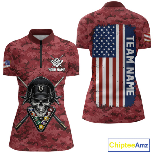 Personalized Red Camo Skull Billiard Shirt For Women Custom Patriotic US Flag Pool Team Jersey TDM5165