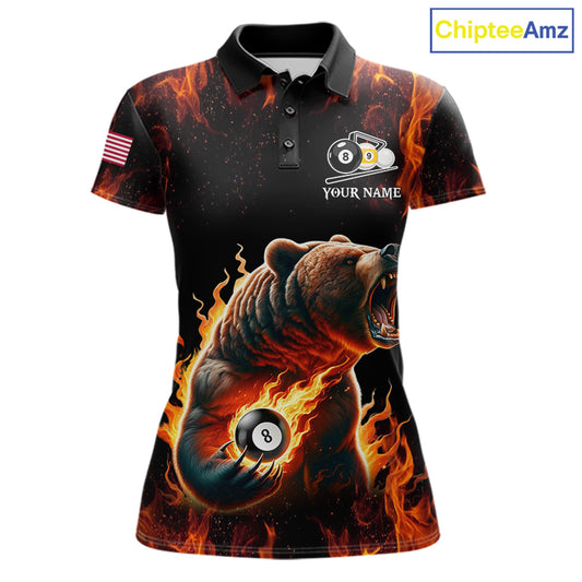 Custom funny bear 8 ball and 9 ball pool fire flame billiard team jersey polo shirt for women featuring a colorful flaming bear design, premium custom pool league apparel for tournaments.